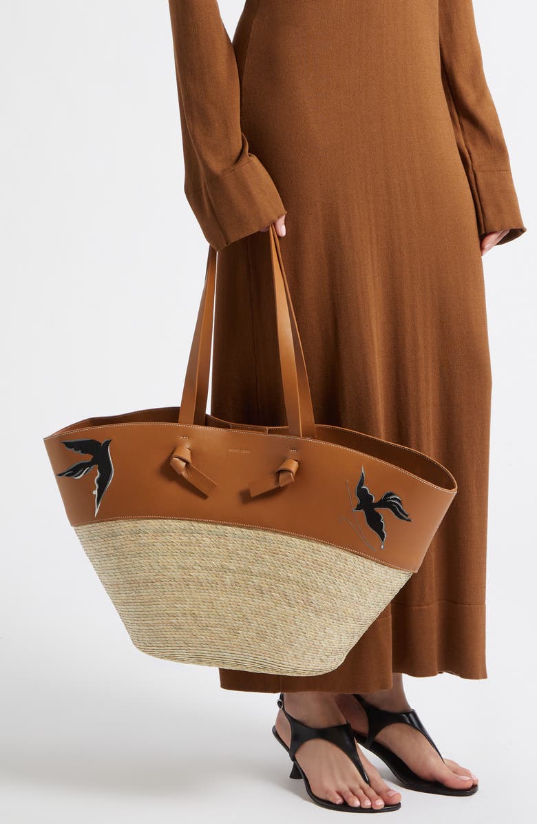 Altuzarra Large Knot Leather & Straw Basket Tote, Alternate, color, Canyon Embroidered Bird