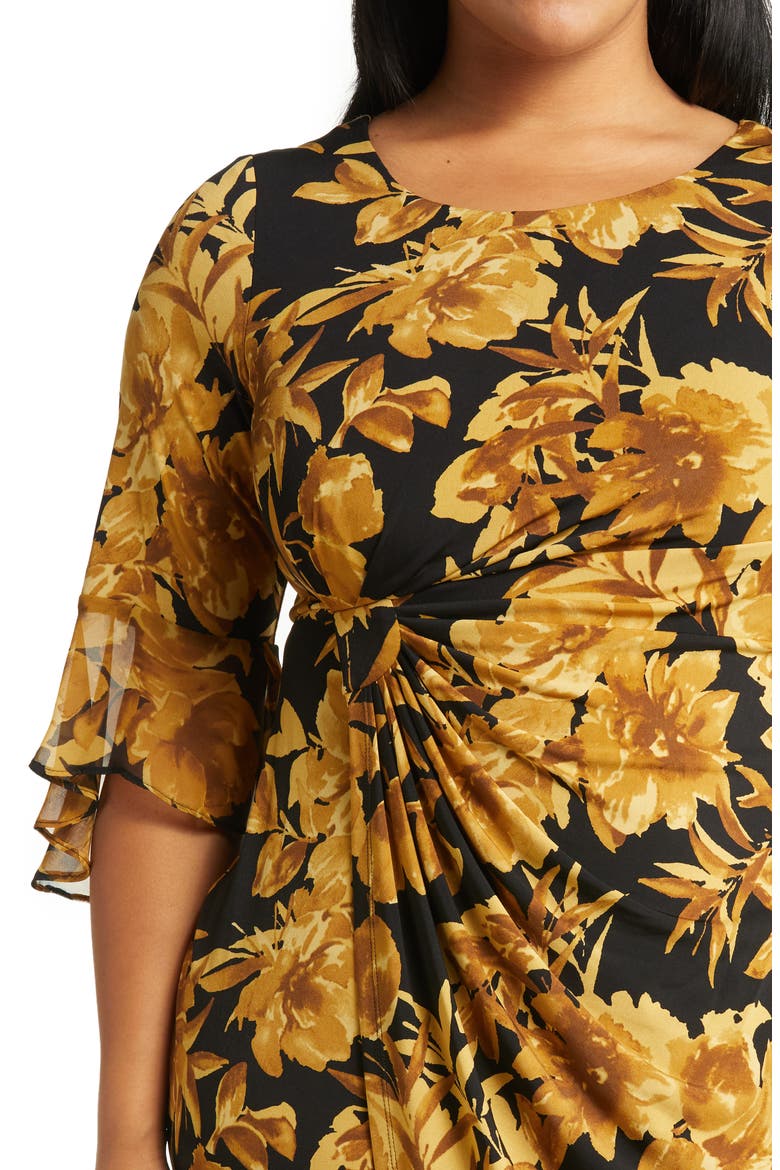 Floral Knit Faux Wrap Dress, Alternate, color, MUSTARD