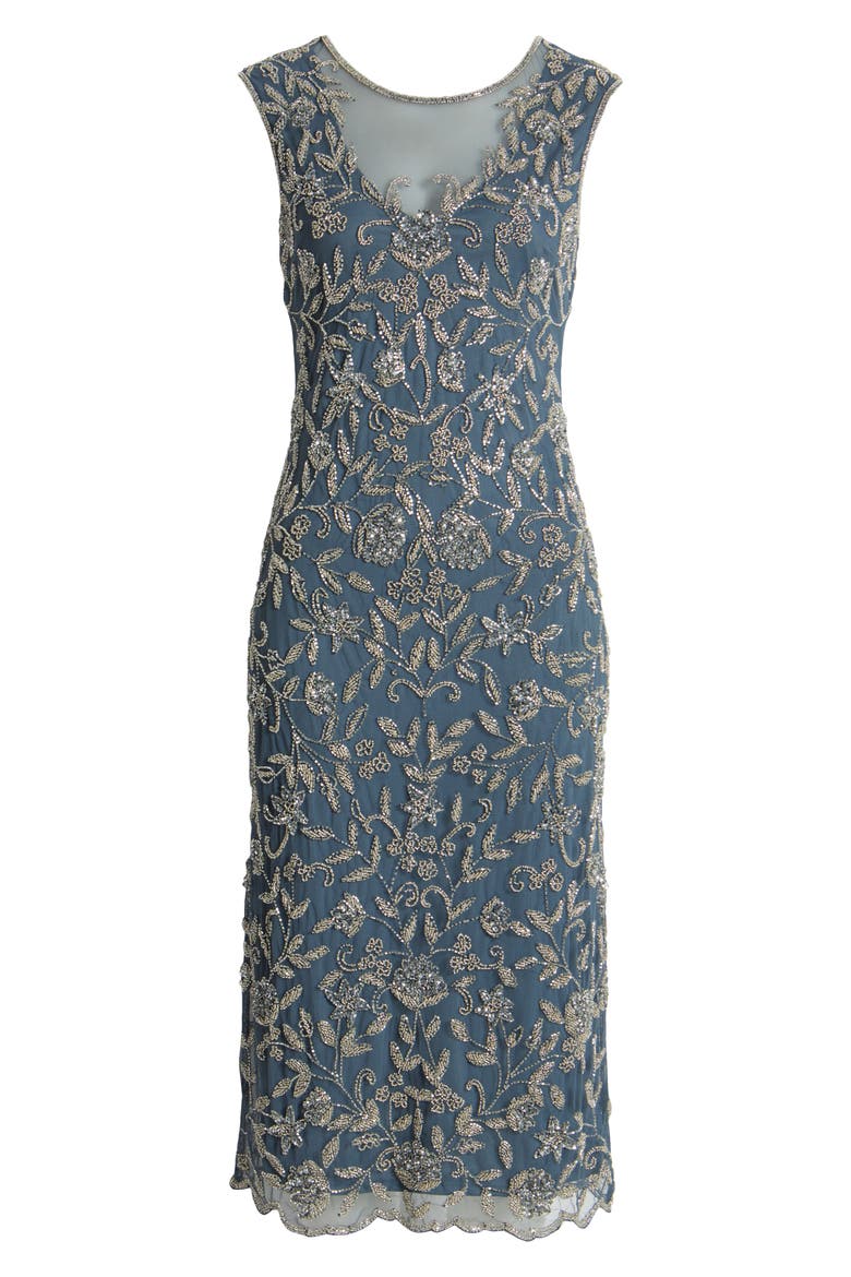 Beaded Floral Cocktail Midi Dress, Alternate, color, GREY