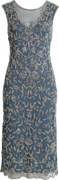 Pisarro Nights Beaded Floral Cocktail Midi Dress