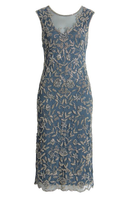 Pisarro Nights Beaded Floral Cocktail Midi Dress In Grey