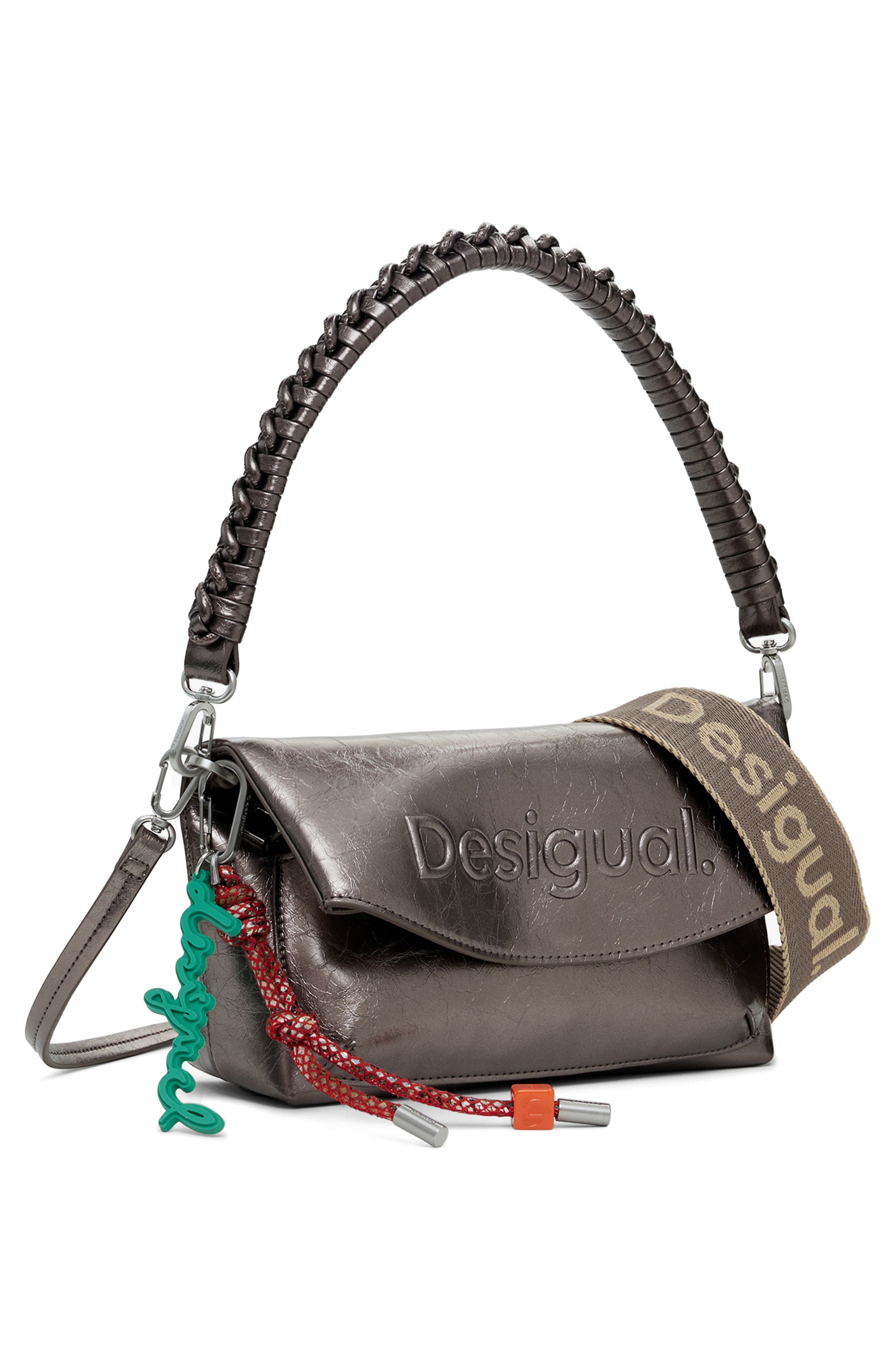 Desigual Metallic Faux Leather Shoulder Bag, Alternate, color, Silver