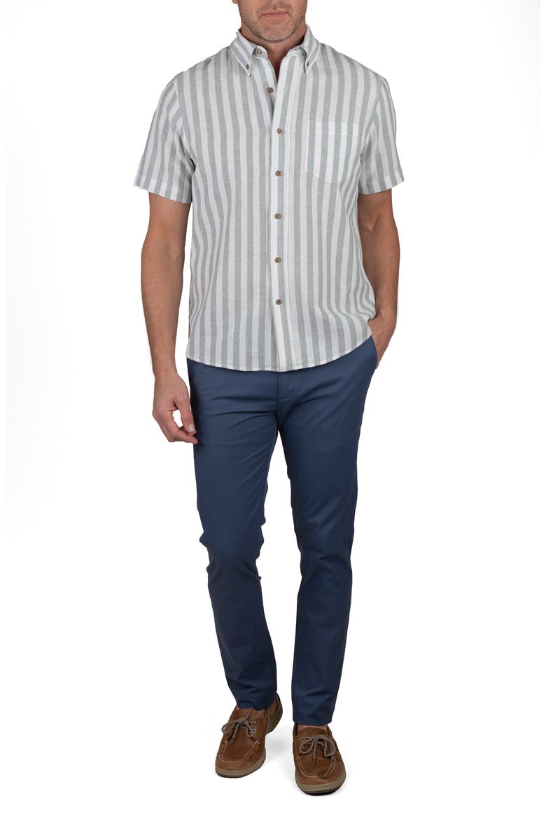 Stripe Short Sleeve Linen Button-Down Shirt, Alternate, color, CHINOIS GREEN BOLD STRIPE