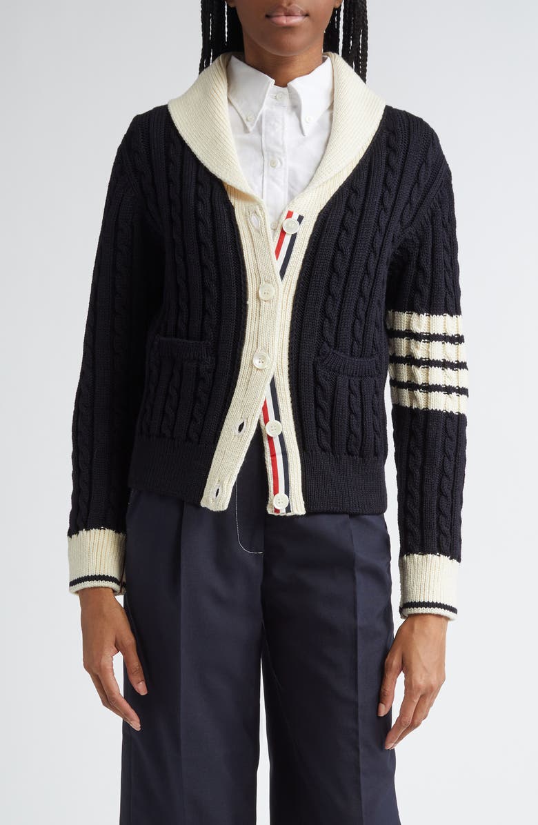 Thom Browne 4-Bar Cable Knit Virgin Wool Shawl Cardigan, Main, color, Navy