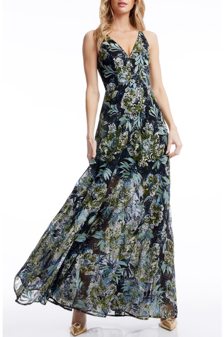 Ariyah Floral Sequin A-Line Gown, Main, color, BLACK MULTI