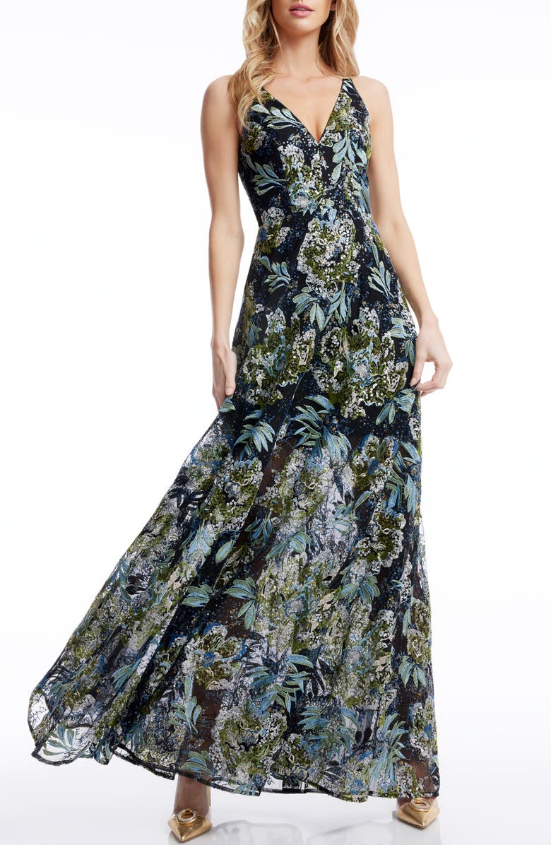 Dress the Population Ariyah Floral Sequin A-Line Gown, Main, color, Black Multi