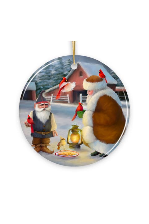 Santa And Gnome With Cardinals Winter Barn Ornament
