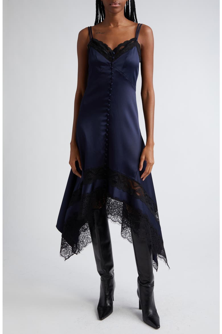 Lace Trim Handkerchief Hem Midi Dress, Main, color, MIDNIGHT
