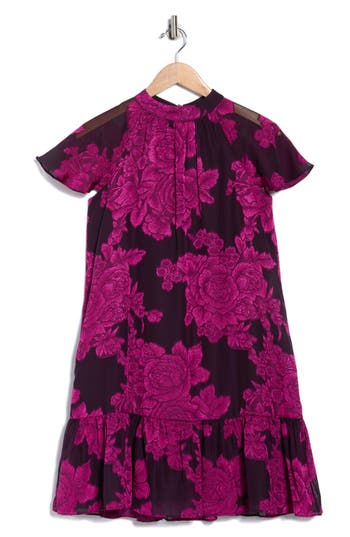 Eliza J Floral Short Sleeve Tie Back Trapeze Dress In Purple