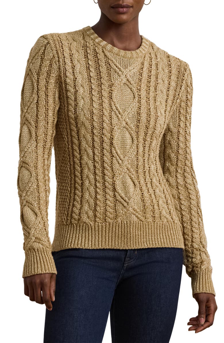 Lauren Ralph Lauren Metallic Cotton Blend Cable Stitch Crewneck Sweater, Main, color, 