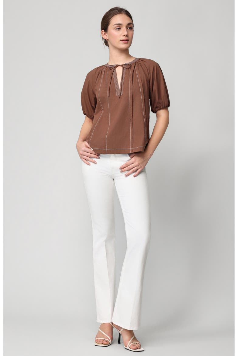 Contrast Stitch Puff Sleeve Top, Alternate, color, BROWN