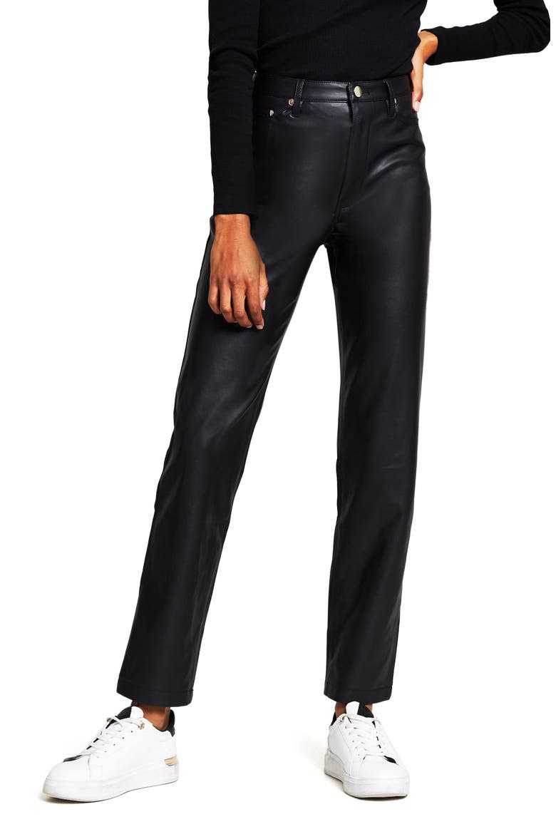 Faux Leather Fitted Straight Leg Trousers, Main, color, BLACK