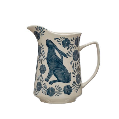 Stoneware Pitcher with Painted Rabbit and Florals, Blue and Cream