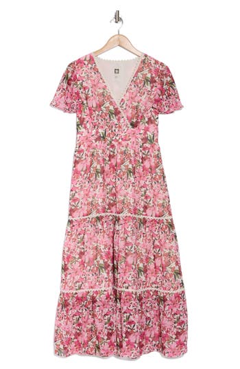 Anne Klein Floral Flutter Sleeve Tiered Maxi Dress In Multi