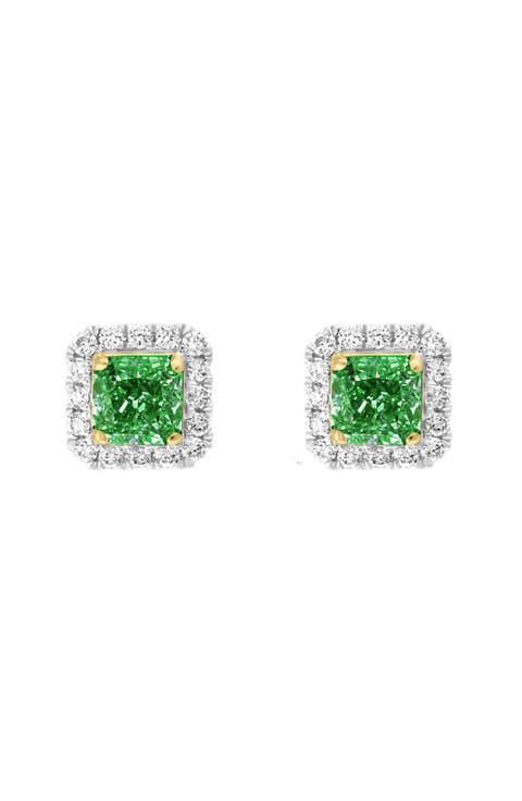 Two-Tone Diamond Halo Emerald Stud Earrings