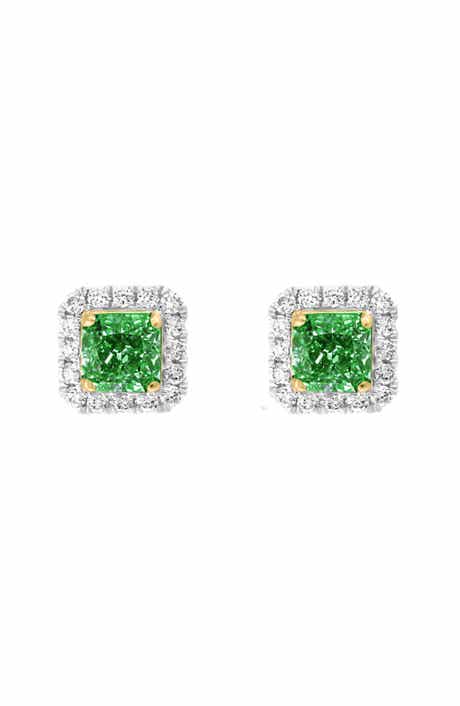 EFFY Two-Tone Diamond Halo Emerald Stud Earrings