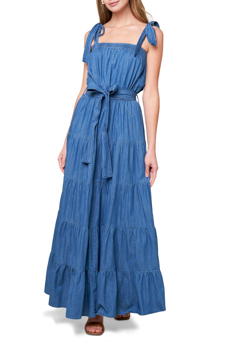 Tie Strap Tiered Chambray Maxi Dress, Main, color, MEDIUM INDIGO