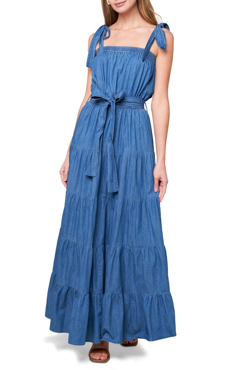 FLYING TOMATO Tie Strap Tiered Chambray Maxi Dress, Main, color,