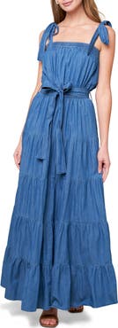 FLYING TOMATO Tie Strap Tiered Chambray Maxi Dress