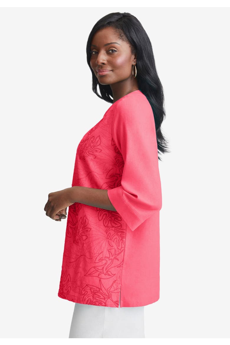 Linen V-Neck Embroidered Tunic, Alternate, color, RASPBERRY LEAF EMBROIDERY