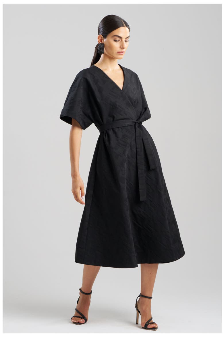 Geo Texture Jacquard Kimona Wrap Dress, Main, color, Black