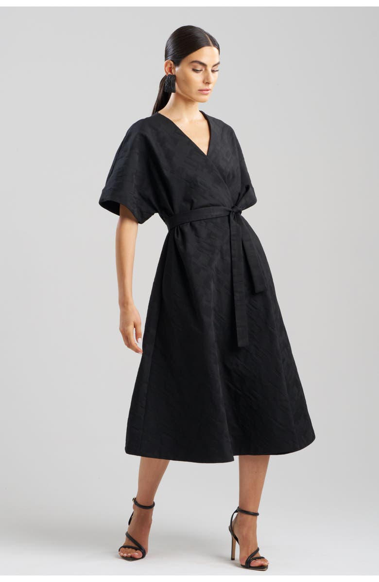 Natori Geo Texture Jacquard Kimona Wrap Dress, Main, color, Black