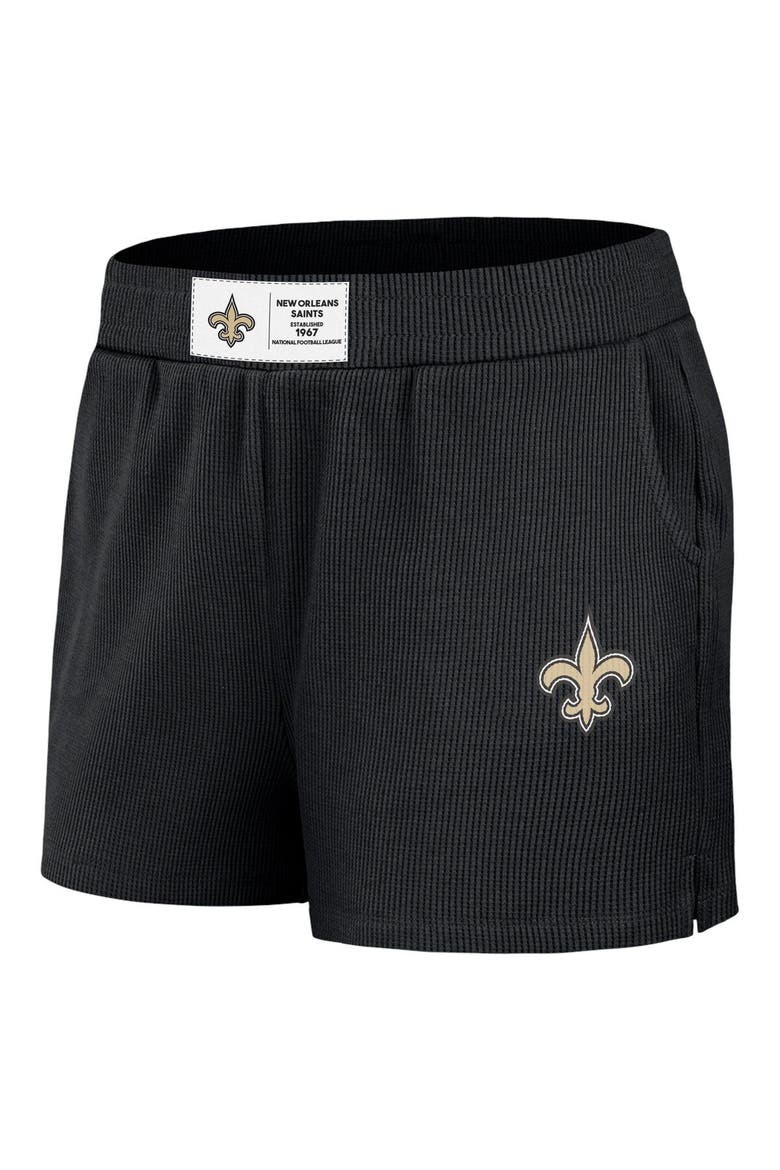 Women's WEAR by Erin Andrews Black New Orleans Saints Waffle Knit Long Sleeve T-Shirt & Shorts Lounge Set, Alternate, color, Black