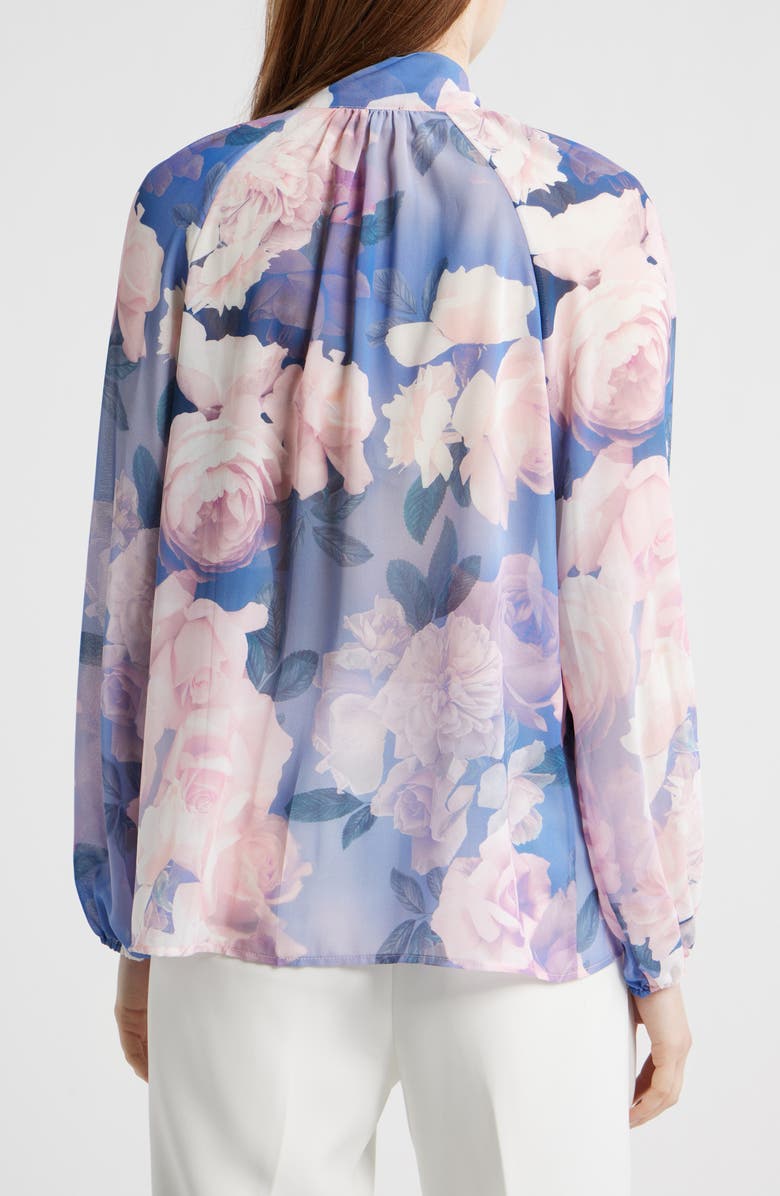 Tahari ASL Floral Print Tie Neck Top, Alternate, color, Blue Petal Floral