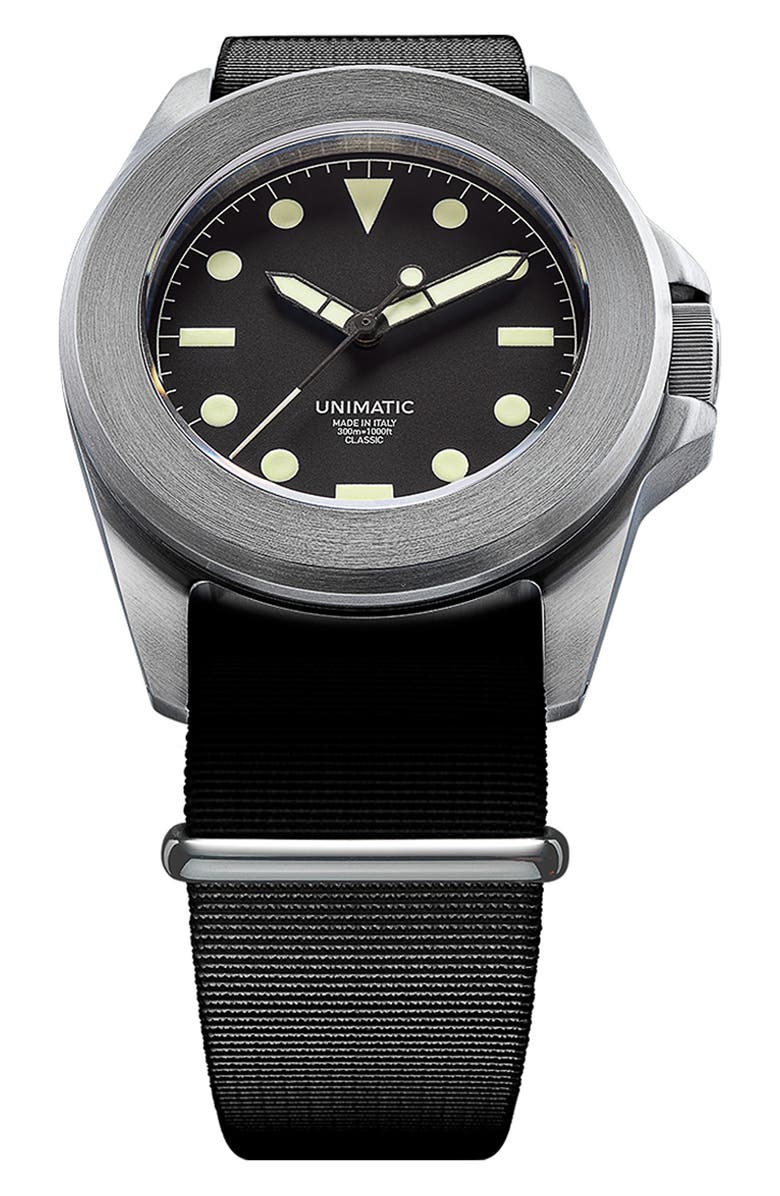 UNIMATIC U4 Classic NATO Strap Watch, 40mm, Alternate, color, Black Steel