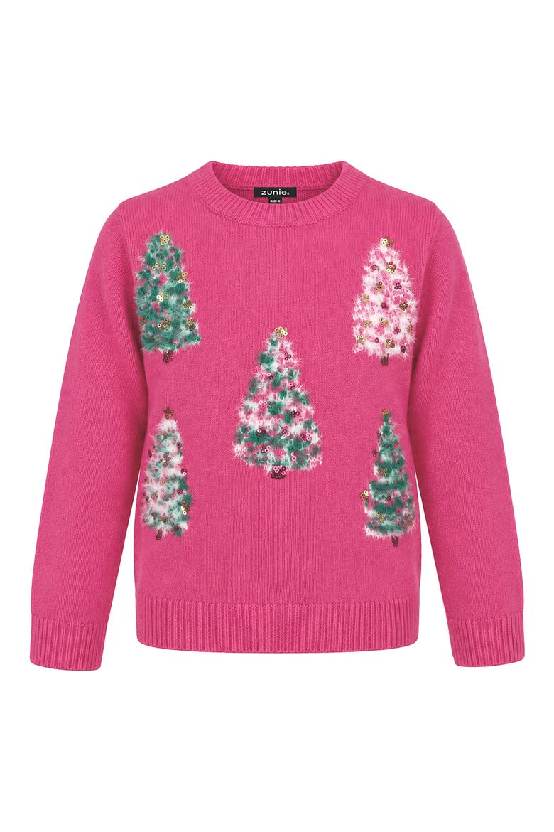Kids' Christmas Tree Eyelash Sweater, Main, color, BRIGHTPINK