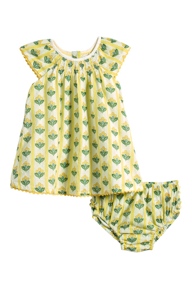 Floaty Shirred Cotton Dress & Bloomers Set, Main, color, YELLOW FLOWER STEM