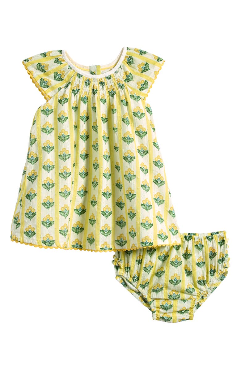 Boden Floaty Shirred Cotton Dress & Bloomers Set, Main, color, Yellow Flower Stem