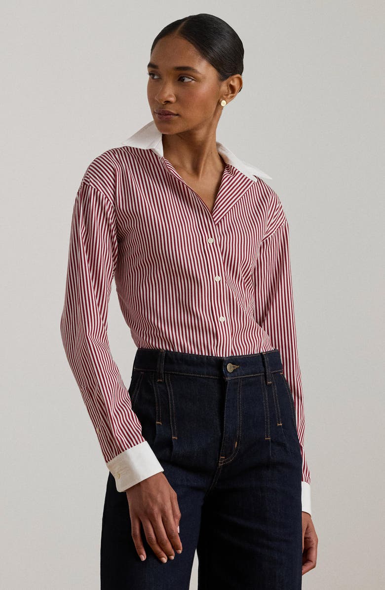 Lauren Ralph Lauren Stripe Long Sleeve Button-Up Shirt, Alternate, color, Burgundy/ White Multi