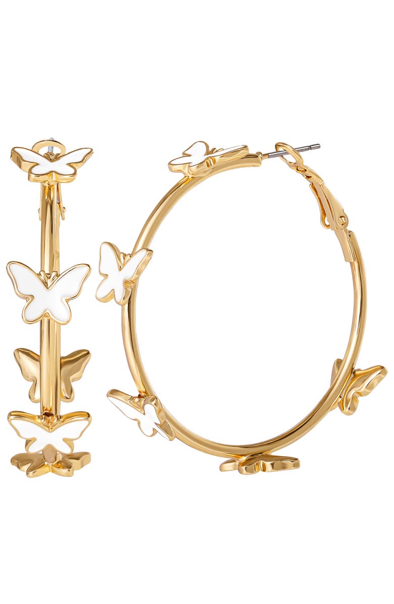 Jessica Simpson Butterfly Earrings for Women, White Enamel and Gold-Tone Butterfly Hoop Earrings, Main, color, Gold Tone