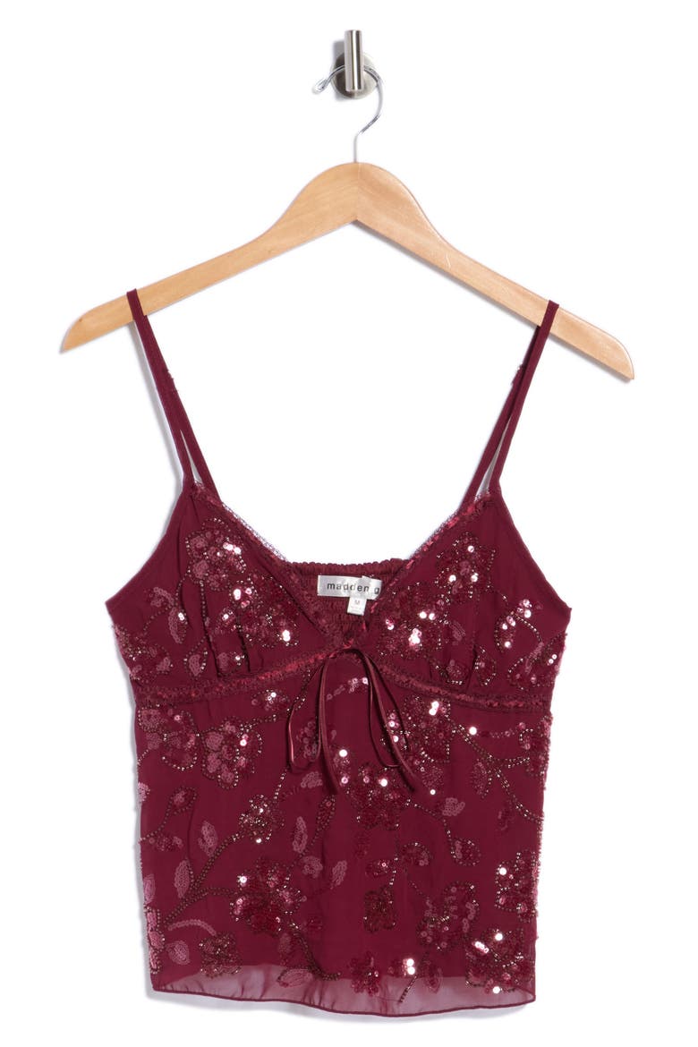 Sequin Floral Embroidered Lace Trim Camisole, Main, color, BURGUNDY