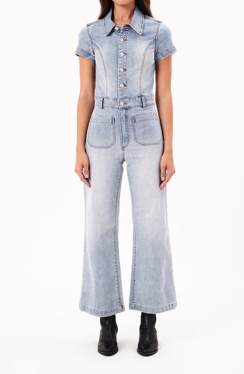 AG Denim Jumpsuit Cropped Wide Leg Belted Pockets authentic Large Tank Button