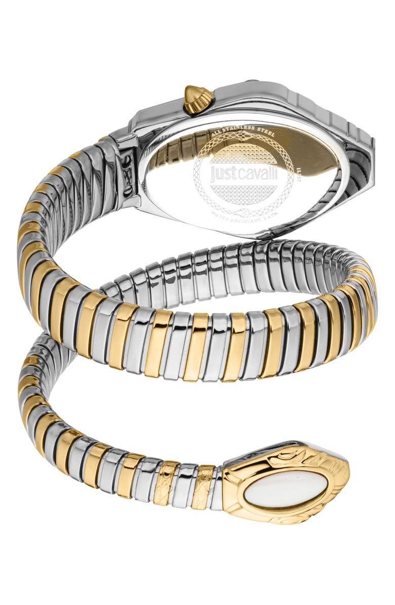 Just Cavalli Snake Bracelet Strap Watch, 25mm x 39mm, Alternate, color, Two Tone Silver/ Gold