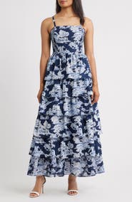 Eliza J Mixed Print Tiered Cotton Maxi Dress