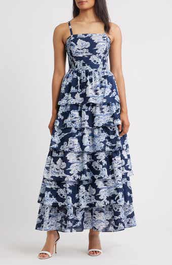 Eliza J Mixed Print Tiered Cotton Maxi Dress