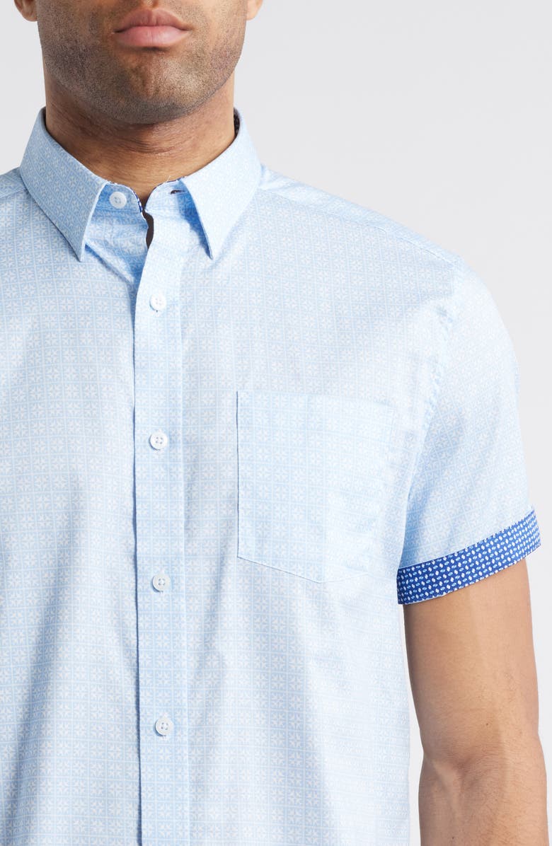 Johnston & Murphy Airplane Print Short Sleeve Cotton Blend Button-Down Shirt, Alternate, color, Lt Blue