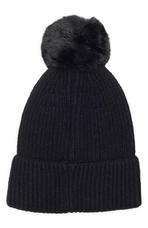 Nanette Lepore Scattered Rhinestone Beanie With Faux Fur Pompom In Black