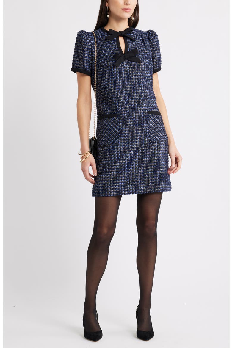 Double Tie Neck Tweed Minidress, Alternate, color, NAVY- BLUE TWEED