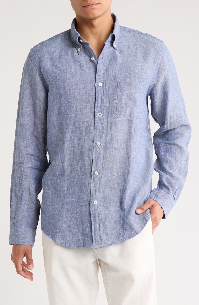 Brooks Brothers Regular Fit Linen Button-Down Shirt, Main, color, Navy