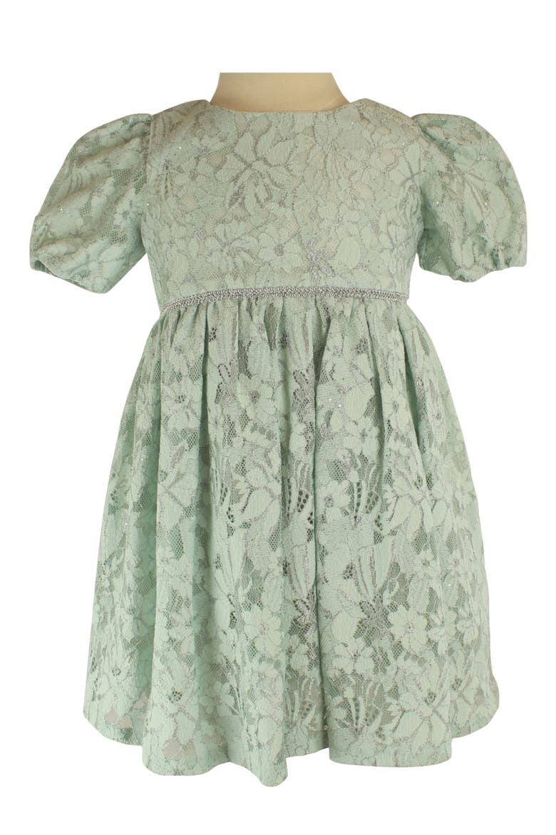 Kids' Floral Lace Overlay Puff Sleeve Dress, Main, color, MINT