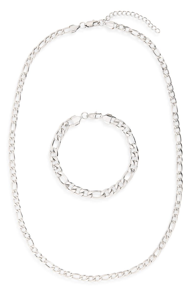 NORDSTROM RACK Men's Stainless Steel Figaro Chain Necklace & Bracelet Set, Alternate, color, Stainless- Black
