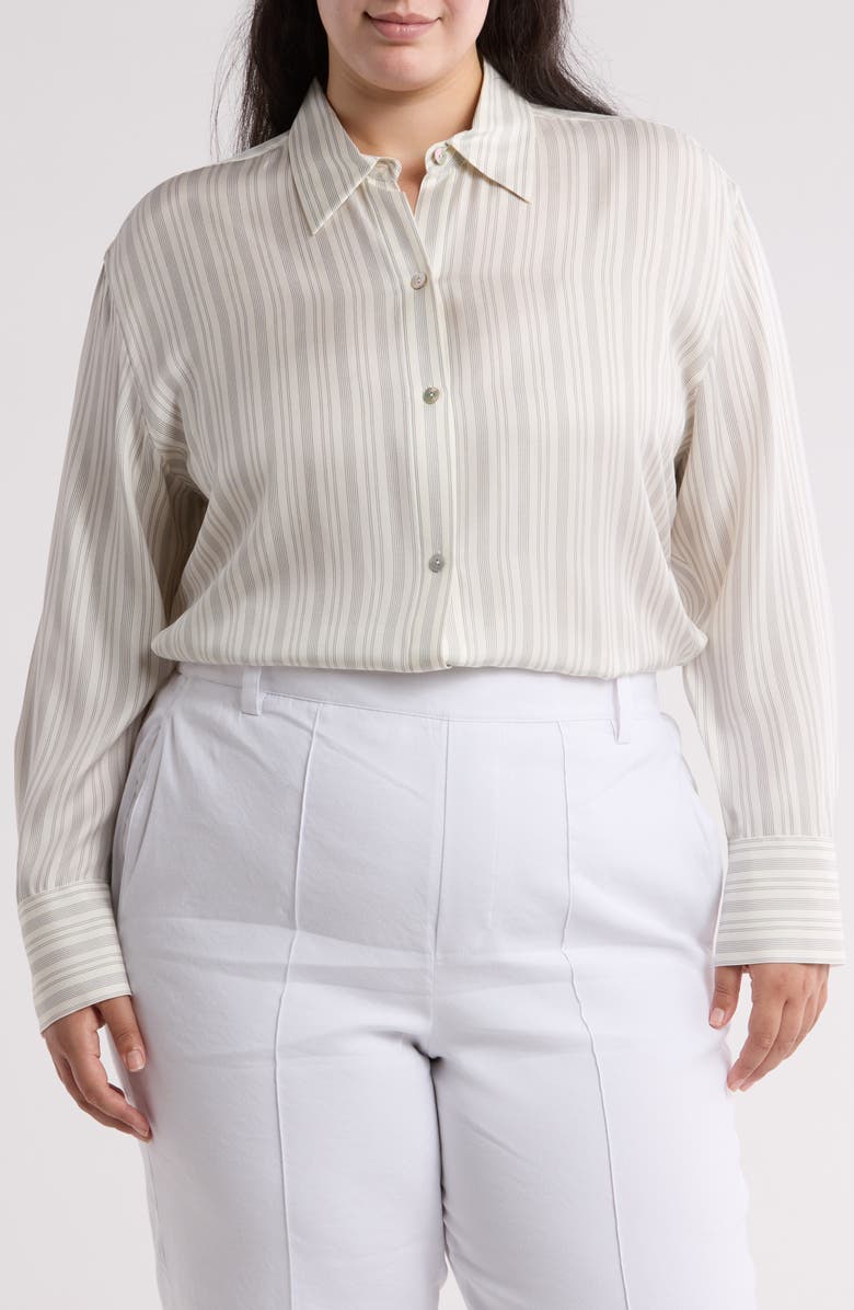 Vince Stripe Sculpted Silk Blend Button-Up Shirt, Main, color, Off White