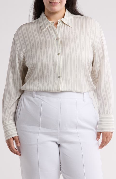 Stripe Sculpted Silk Blend Button-Up Shirt (Plus)