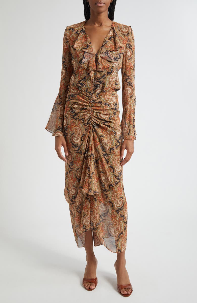 Veronica Beard Kyrie Ruffle Bell Sleeve Silk Button-Up Shirt, Alternate, color, Navy Multi