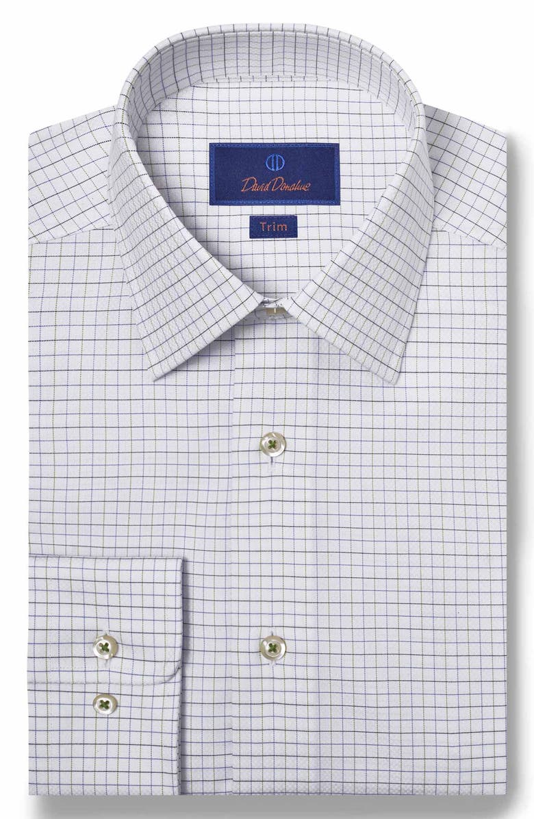 David Donahue Trim Fit Dobby Tattersall Check Dress Shirt, Main, color, White/ Grass