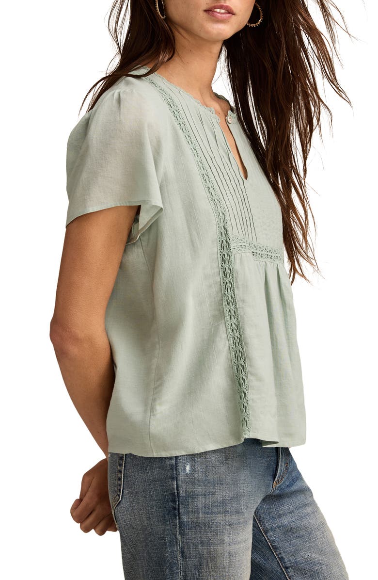 Lucky Brand Pintuck Lace Trim Cotton Peasant Top, Alternate, color, Blue Surf